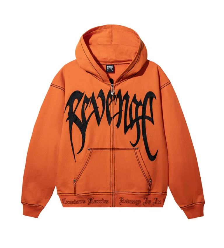 Revenge Xxxtentacion Contrast Zip Up Hoodie Orange Front Revenge Xxxtentacion Contrast Zip Up Hoodie Orange front view with contrast logo