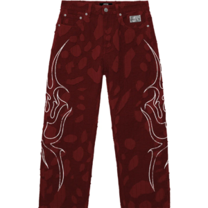 Revenge Flame Distressed Boro Denim Jean Red front view