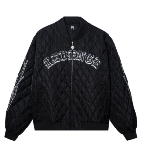 Revenge Skull Logo Quilted Bomber Jacket Black front view