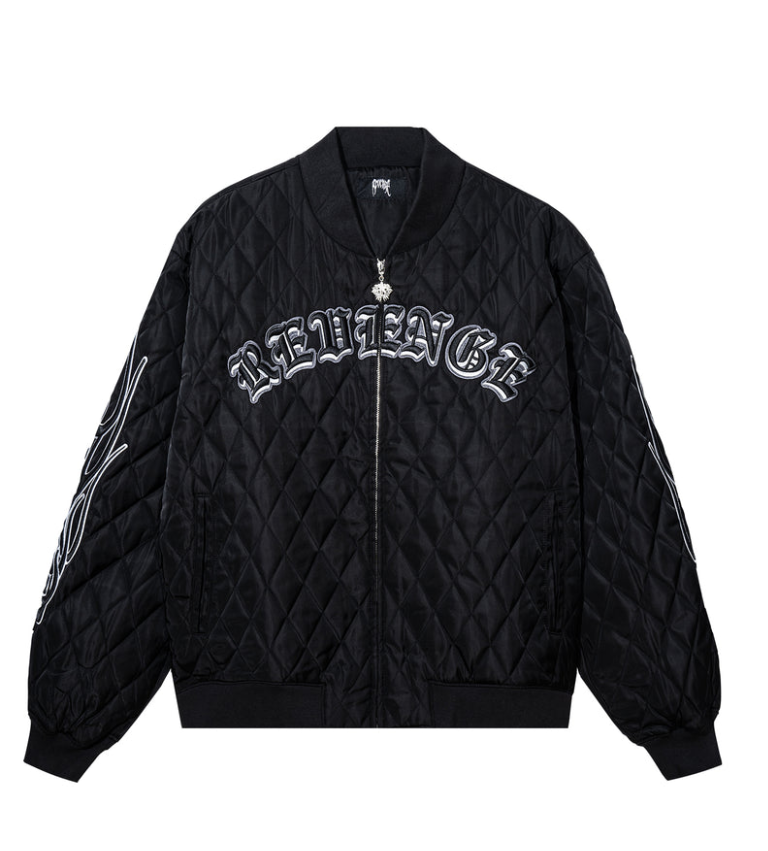 Revenge Skull Logo Quilted Bomber Jacket Black Front Revenge Skull Logo Quilted Bomber Jacket Black front view