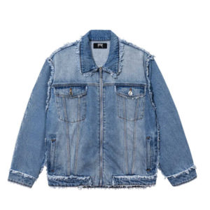 Revenge Frayed Skull Patched Denim Jacket Indigo front view