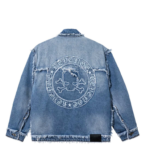 Revenge Frayed Skull Patched Denim Jacket Indigo back view