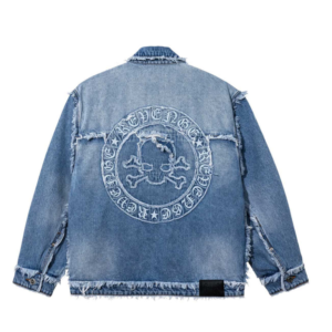 Revenge Frayed Skull Patched Denim Jacket Indigo back view