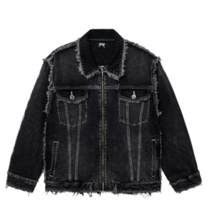 Revenge Frayed Skull Patch Denim Jacket Black front view