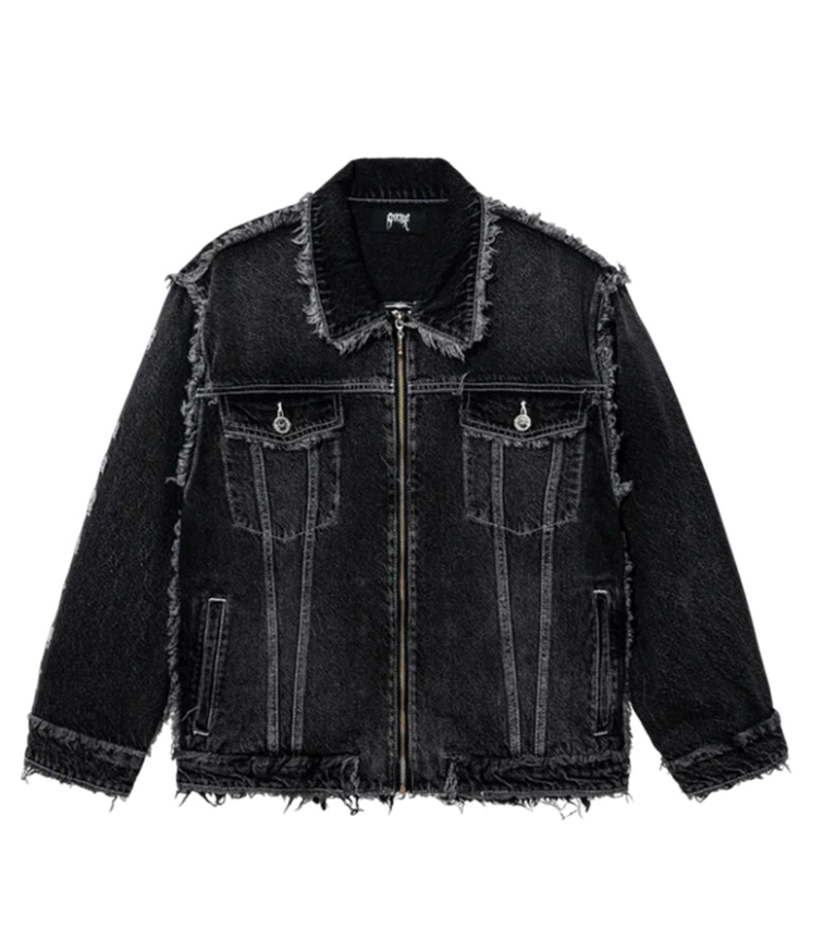 Revenge Frayed Skull Patch Denim Jacket Black Front Revenge Frayed Skull Patch Denim Jacket Black front view