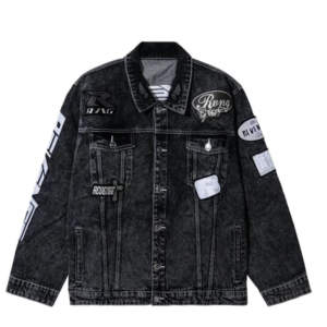 Revenge Moto Patch Denim Jacket Washed Black front view