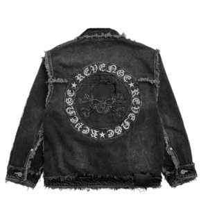 Revenge Frayed Skull Patch Denim Jacket Black back view
