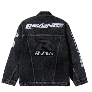 Revenge Moto Patch Denim Jacket Washed Black back view