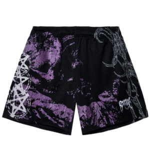 Revenge Abandoned Mesh Shorts Black/Purple front view