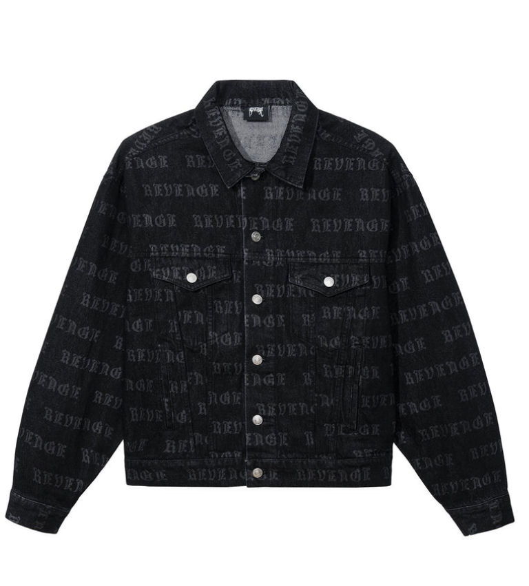 Revenge All Over Logo Denim Jacket Black Front Revenge All Over Logo Denim Jacket Black front view