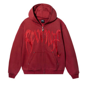 Revenge Zip Up Hoodie Red front view with zip closure