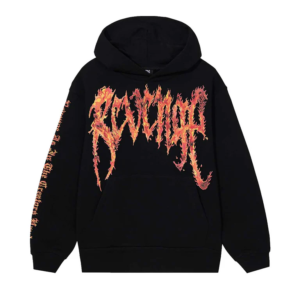 Black Revenge Hoodie Inferno front view with graphic design and adjustable hood
