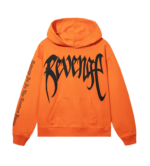 Orange Revenge Hoodie front view with hood and long sleeves