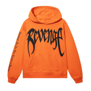 Orange Revenge Hoodie front view with hood and long sleeves