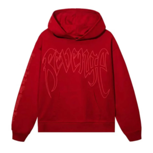 Red Revenge Hoodie front view with hood and long sleeves
