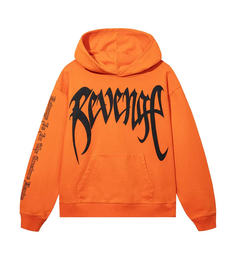 Revenge Hoodie Orange Front View Revenge Hoodie Orange front view with hood and long sleeves
