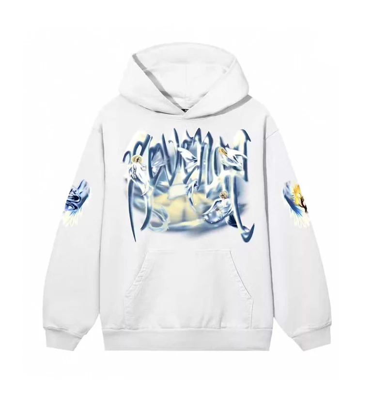 Revenge Hoodie White Front Revenge Hoodie White front view with signature graphic and relaxed fit
