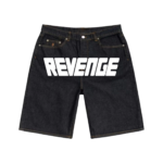 Revenge Handmade Raw Denim Shorts front view