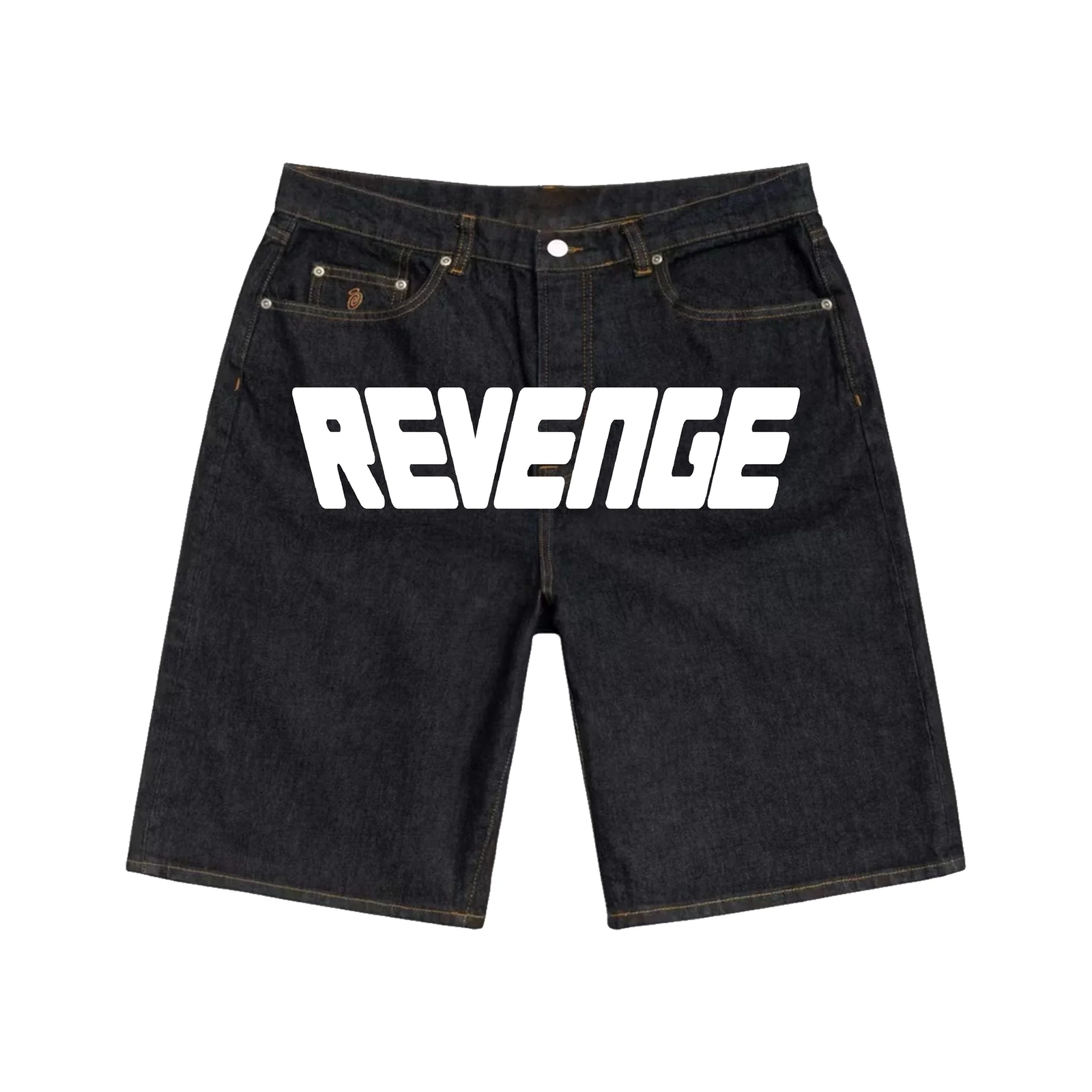 Revenge Handmade Raw Denim Shorts Front Revenge Handmade Raw Denim Shorts front view