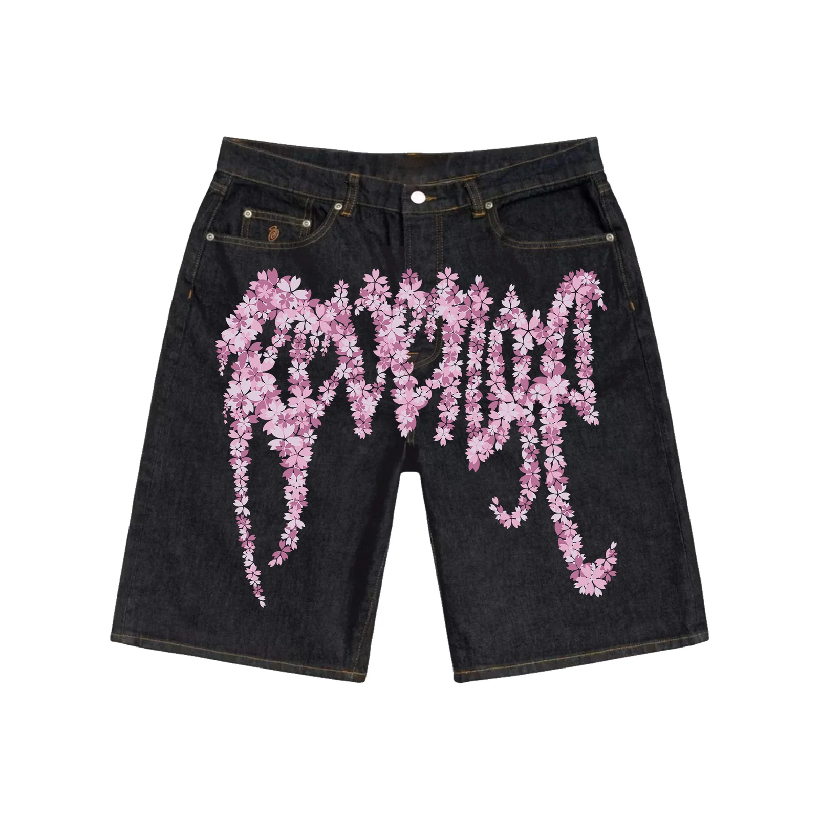 Revenge Sakura Handmade Raw Denim Shorts Front Revenge Sakura Handmade Raw Denim Shorts front view